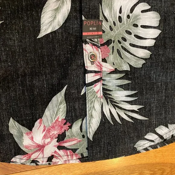 Denim & Flower Mens Poplin Hawaiian Flower Floral Button Up Short Sleeve M New - Picture 5 of 9